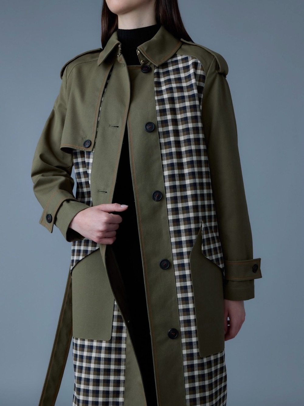 Mackage Olive Green Plaid Belted Trench Coat - Picture 2 of 11